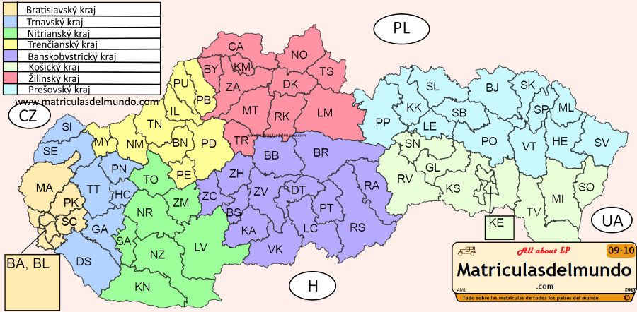 mapa por regiones de matriculas de eslovaquia sistema actual