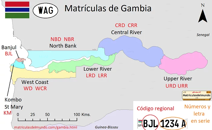 Mapa de los codigos de las matrículas de coches y motos de Gambia