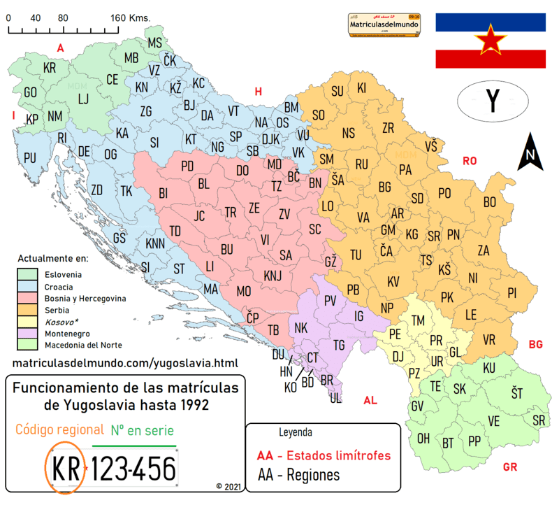 Mapa de los códigos provinciales en las antiguas matrículas de Yugoslavia