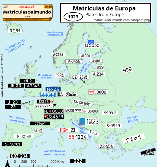 Mapa de los territorios y países de Europa y sus matrículas en 1923