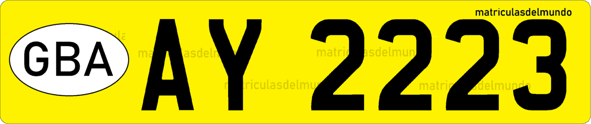 Matrícula amarilla de coche de la Isla de Alderney con óvalo letras GBA