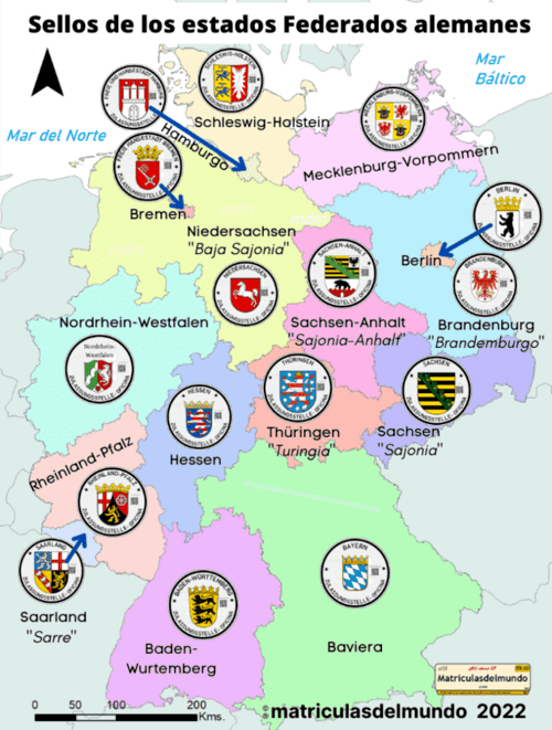 Mapa de los diferentes estados de Alemania y sus sellos