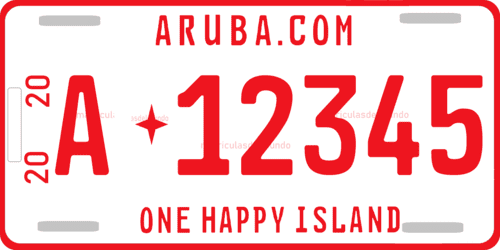 Matrícula actual de Aruba de 2020 con lema ONE HAPPY ISLAND en rojo de ejemplo