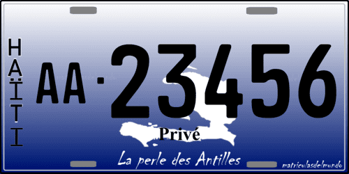 Matrícula de coche de Haití con lema La Perle des Antilles con fondo azul y mapa AA23456