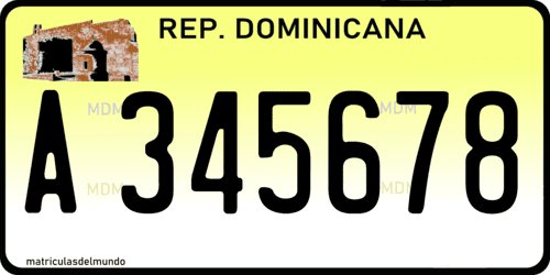 Matrícula de coche de la República Dominicana con fondo amarillo A345678