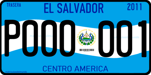 Matrícula de El Salvador con bandera y escudo de fondo para vehículo privado P000001 en centroamerica