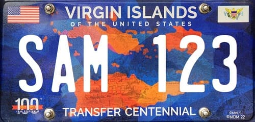 Matrícula americana de las Islas Vírgenes Americanas TRANSFER CENTENNIAL y con mapa