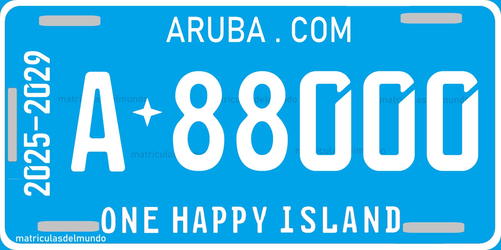 Matrícula de Aruba actual con validez de 2025 a 2029 Matrícula actual de Aruba de 2025 con lema ONE HAPPY ISLAND en azul de ejemplo