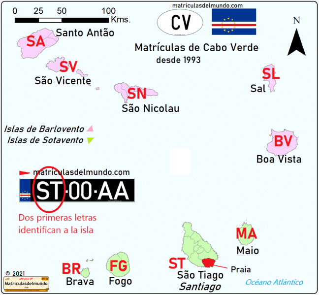 Mapa de los códigos regionales e islas de las matrículas de coches de Cabo Verde