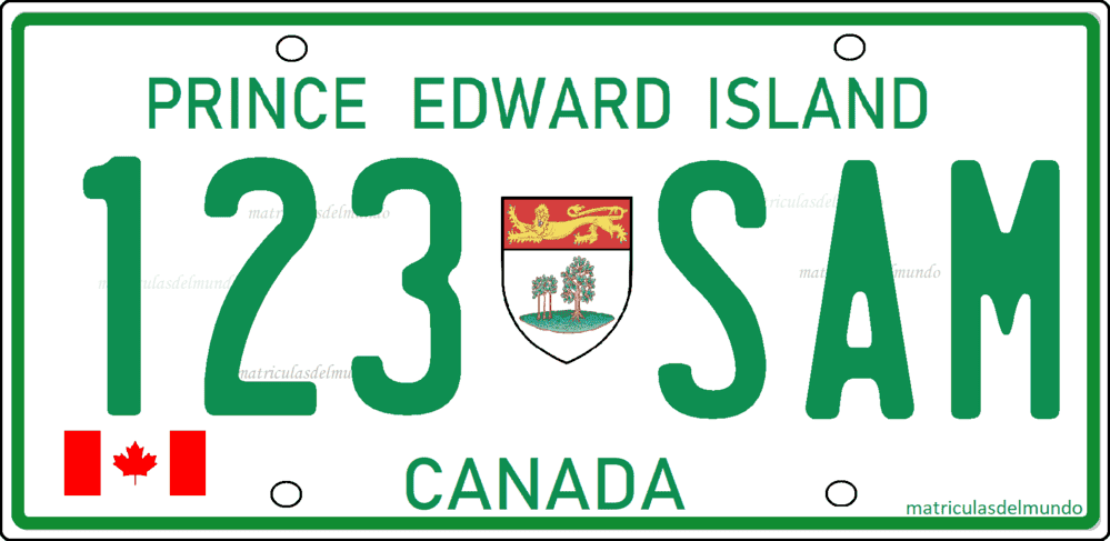 matricula americana de coche de la Isla del Príncipe Eduardo con colores verdes escudo y bandera de Canadá