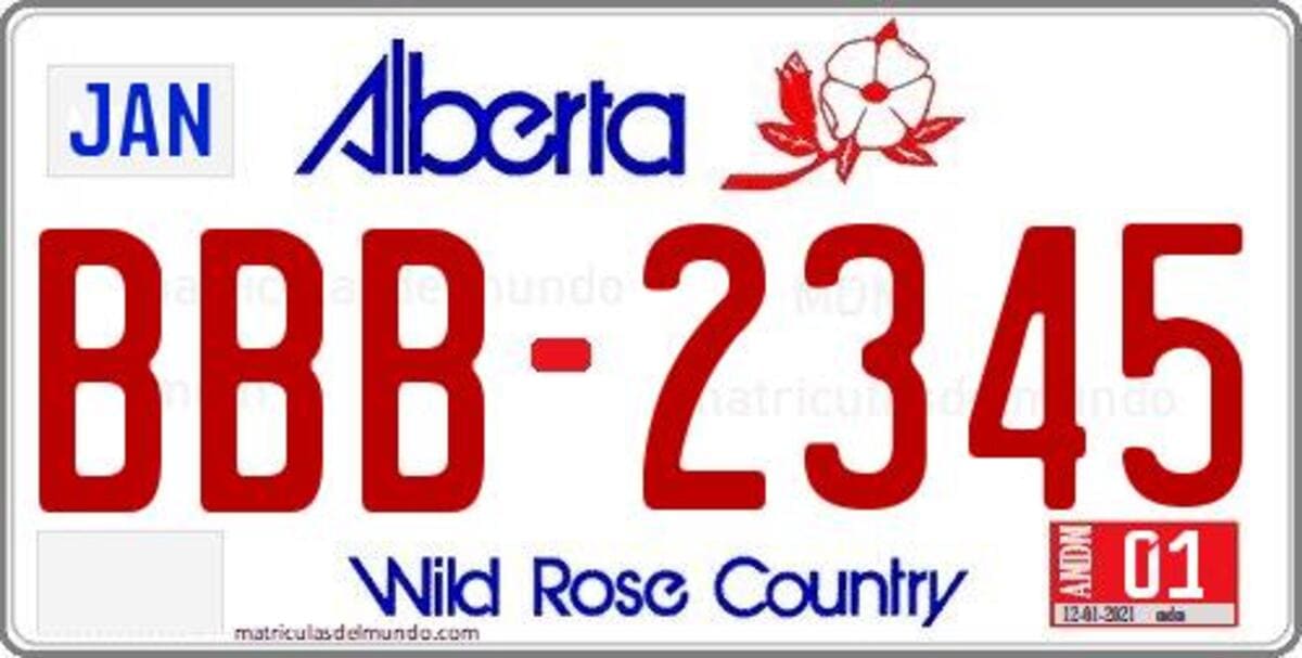 Matrícula de Alberta del sistema anterior a 2026 con diseño Wild Rose Country