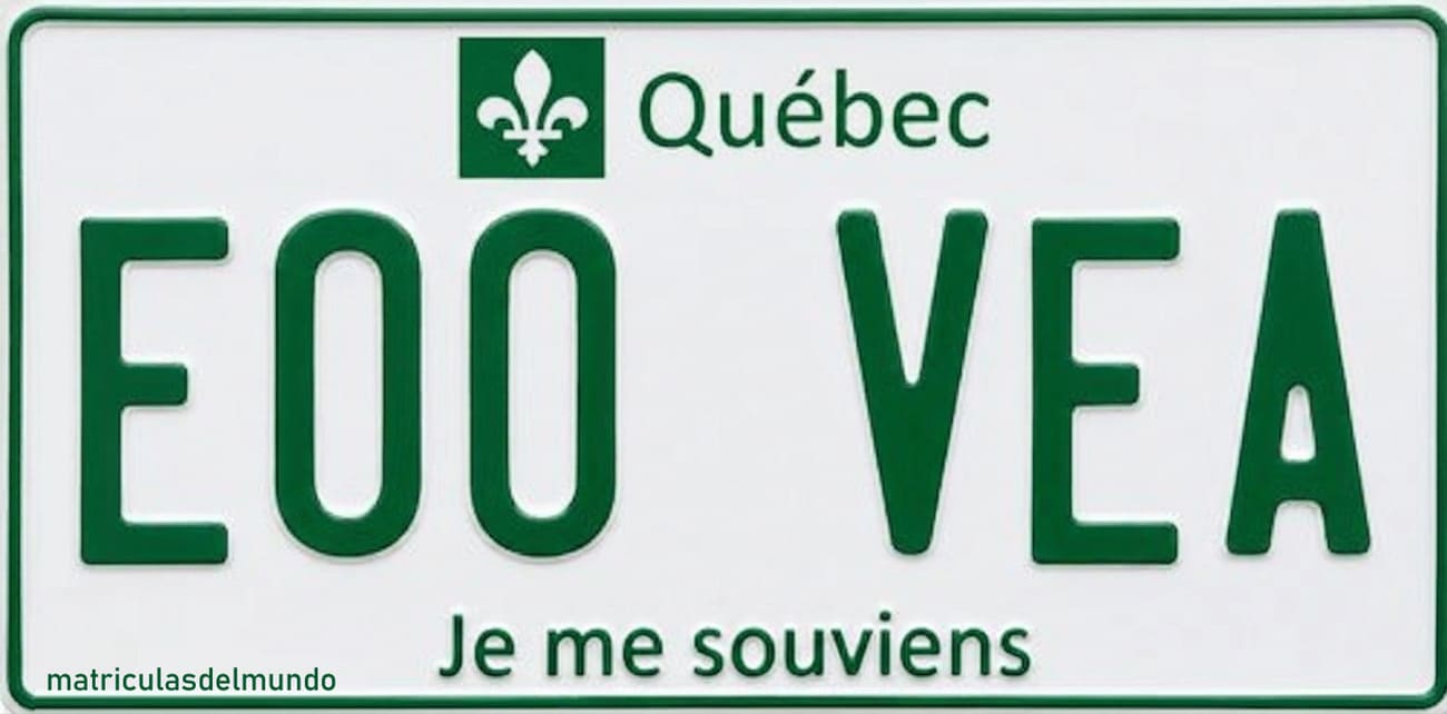 Matrícula verde de vehículo eléctrico de Québec con combinación E00 VEA