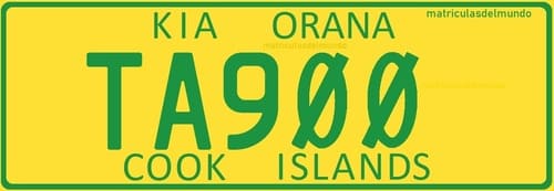 Matrícula actual de las Islas Cook de taxi con fondo color amarillo TA900
