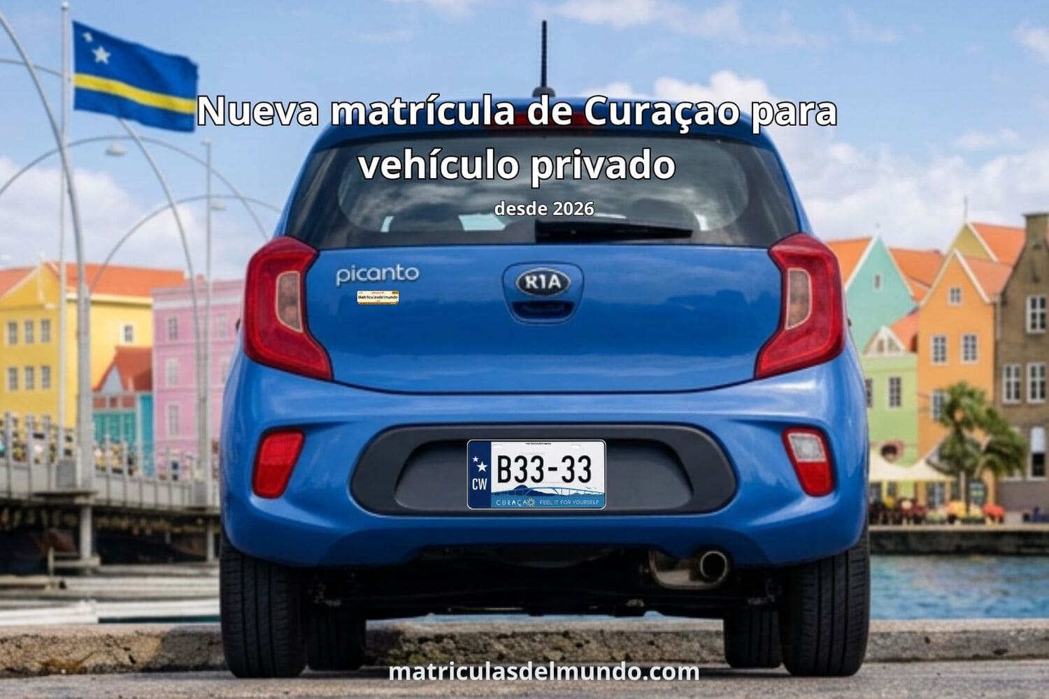 Blue Kia Picanto in Curaçao with the new CW license plate introduced in 2026