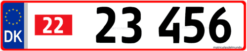 Matrícula de coche de exportación de Dinamarca con fecha 2022 y numeración 23456