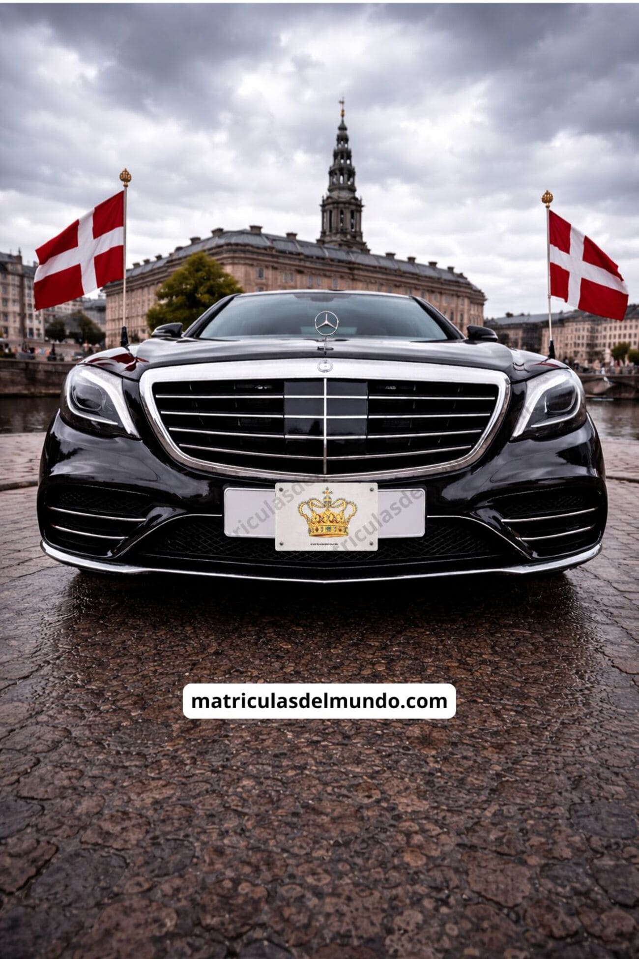 Official Danish Mercedes with royal license plate and national flags