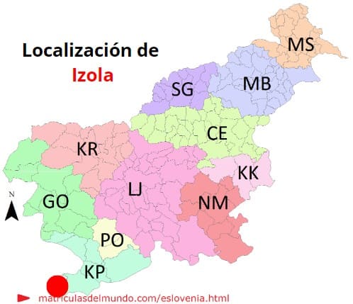 Mapa con la localización de la región eslovena de Izola