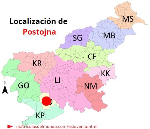 Mapa con la localización de la región eslovena de Postojna