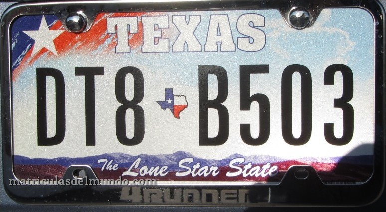 matricula americana de coche de Texas de 2009 a 2012 colorida y con bandera