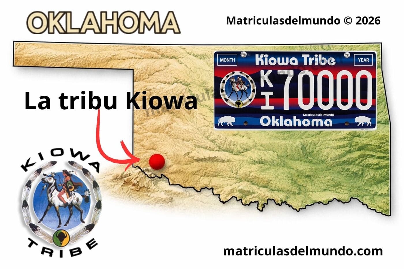 Mapa de Oklahoma con la ubicación de la Kiowa Tribe señalada