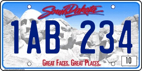 Matrícula de coche americana de Dakota del Sur con el monte Rushmore de fondo