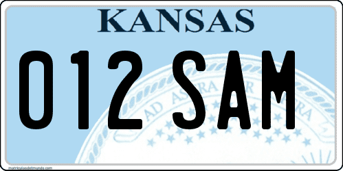 Matrícula de coche de Kansas actual desde 2007 con el escudo 012SAM