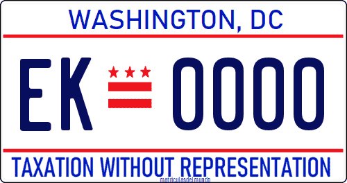 Matrícula del Distrito de Columbia desde 2002 con lema TAXATION WITHOUT REPRESENTATION