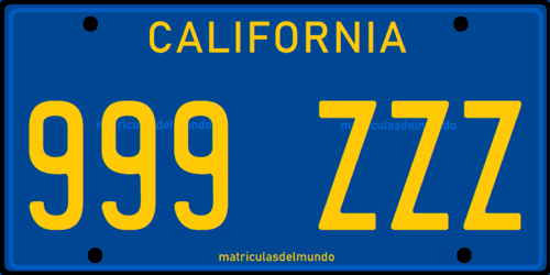 Matrícula de coche de California del sistema anterior con fondo azul y letras amarillas con la configuración antigua 999ZZZ