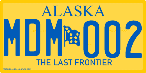 Matrícula de Alaska con diseño actual y lema THE LAST FRONTIER MDM002 con bandera y fondo amarillo