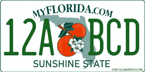 Matrícula americana de Florida con lema Sunshine State y naranjas