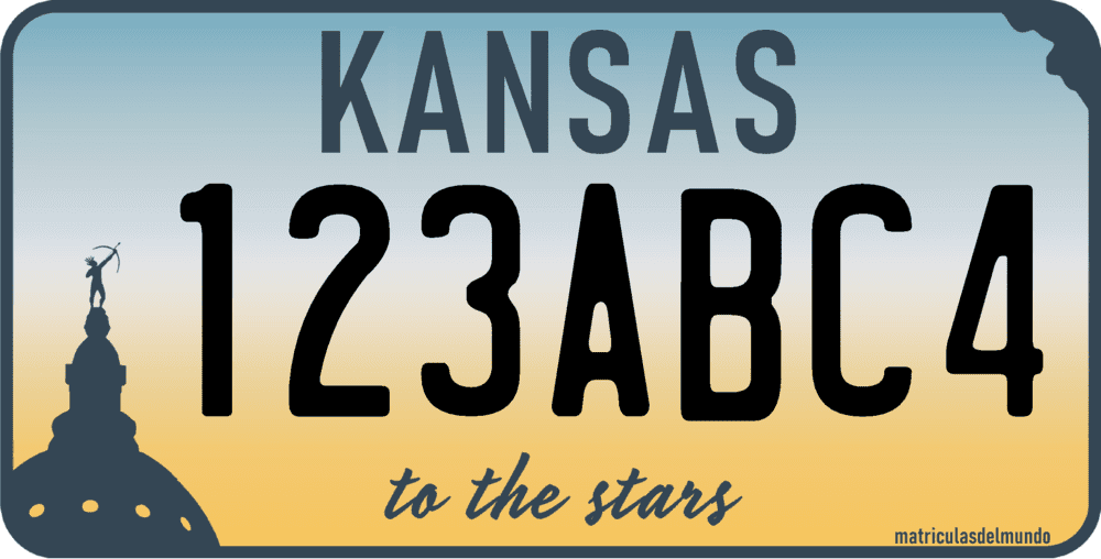 Matrícula de coche de Kansas actual desde 2024 con capitolio y contorno del estado