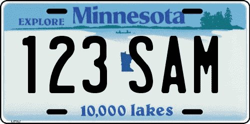 Matrícula americana de coche actual de Minnesota de ejemplo Matrícula de coche americano de Minnesota azul con frase 10.000 lakes con fondo azul y blanco