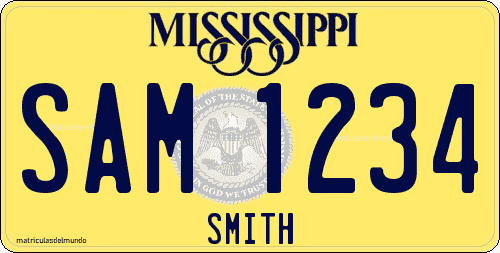 Matrícula de coche de Mississippi actual amarilla con escudo del condado de Smith