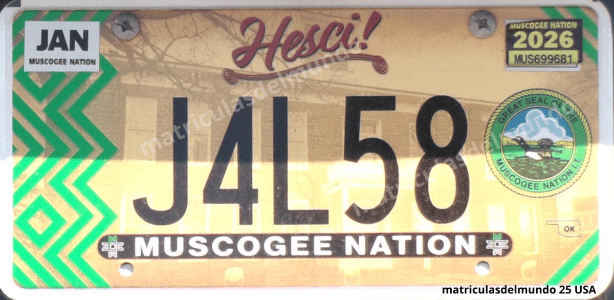 Matrícula especial de coche de la Nación Muscogee de Oklahoma con diseño colorido y texto hesci!, Estados Unidos