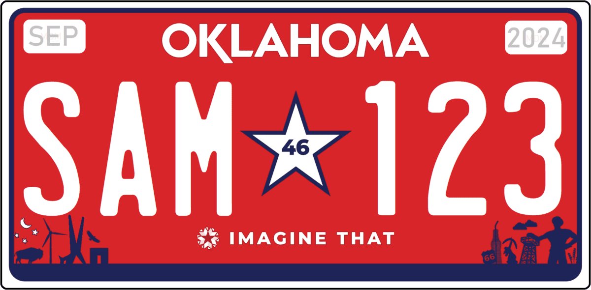 matricula de Oklahoma actual con pájaro travelok