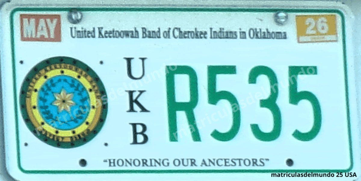 Matrícula verde de coche de la United Keetoowah Band of Cherokee Indians de Oklahoma, Estados Unidos