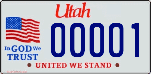 Matrícula de coche americana de Utah actual para creyente en Dios y con bandera