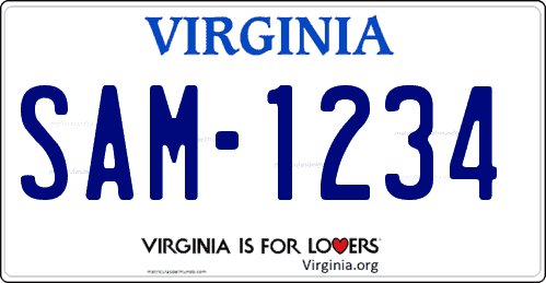 Matrícula americana de Virgina con fondo blanco for lovers