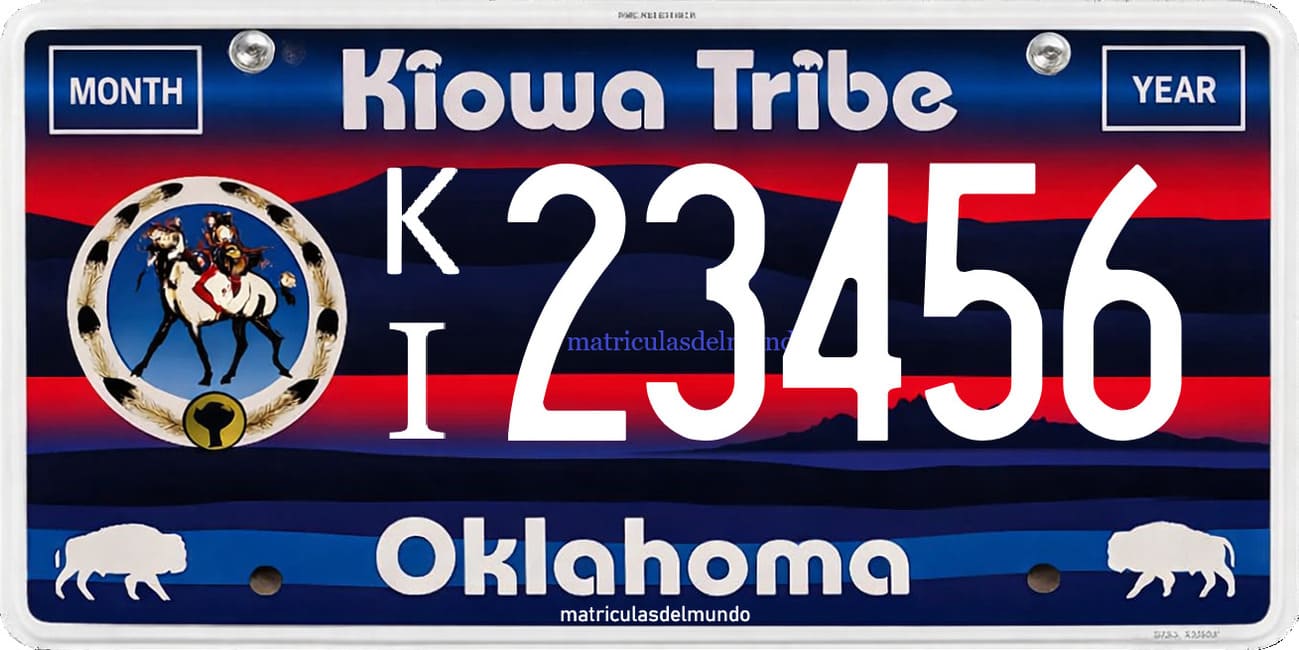 Placa vehicular de la Kiowa Tribe de Oklahoma con paisaje de colores, bisontes y emblema tribal