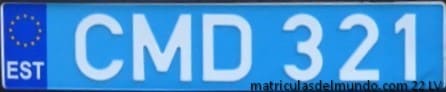 Matrícula de Estonia azul del Cuerpo Diplomático para el coche del embajador con fondo azul y letras blancas CMD 321