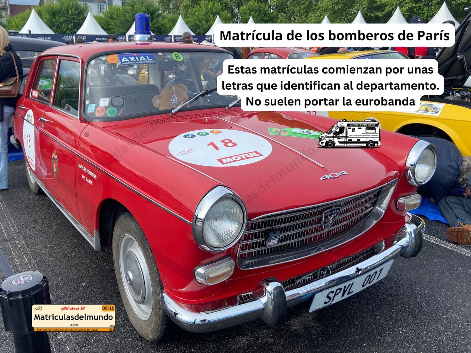 Peugeot clásico de los bomberos de París con matrícula SPVL 001