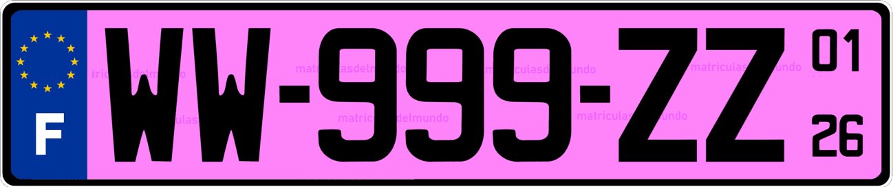 Imagen de matrícula rosa de coche de Francia con letras WW a la izquierda