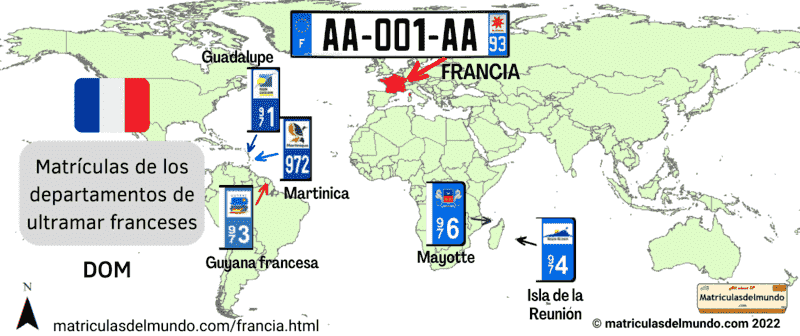 Mapa del mundo y la ubicación de los departamentos de ultramar franceses