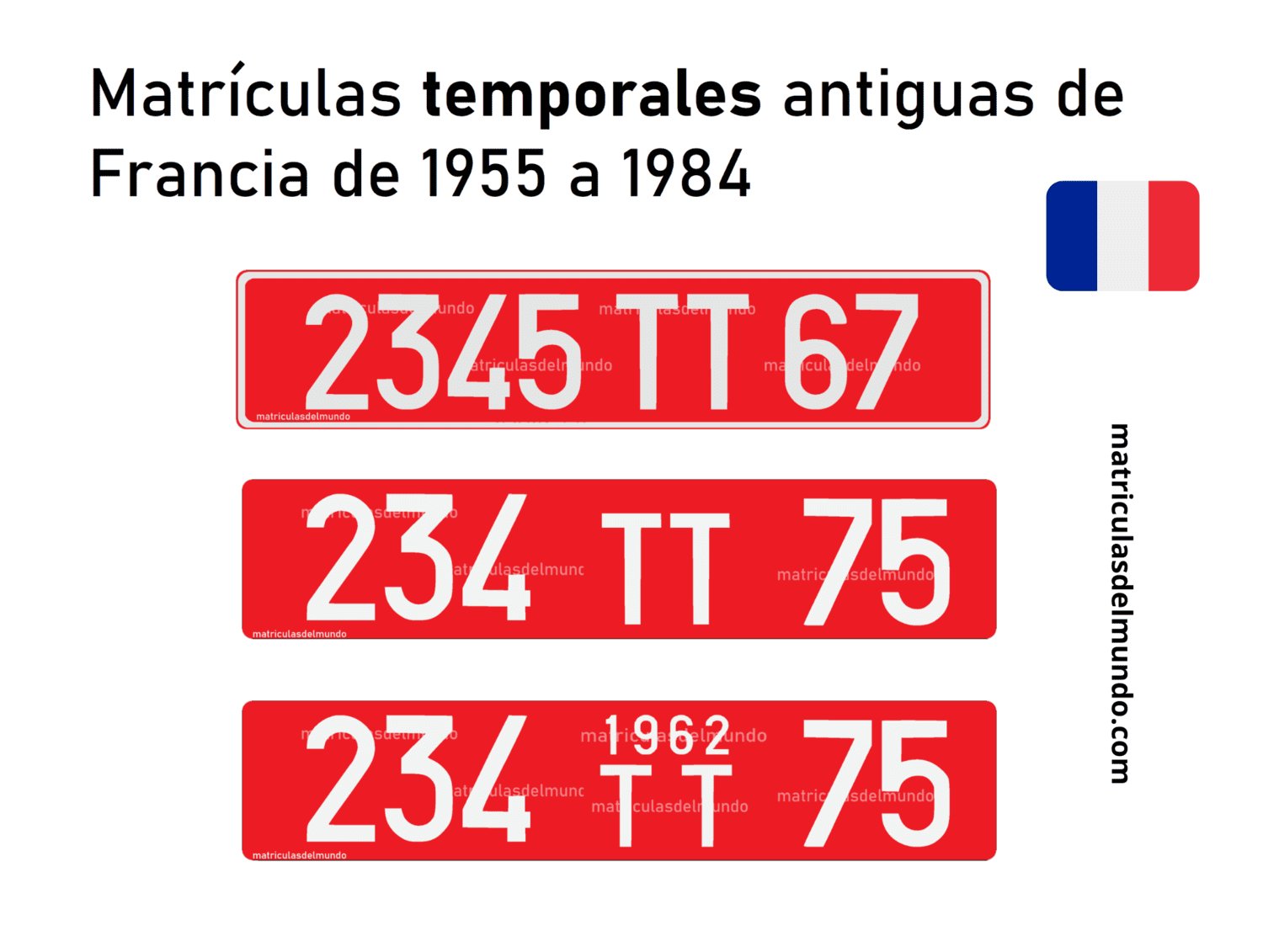 Tres matrículas rojas para matrículas temporales y tránsito francesas antiguas