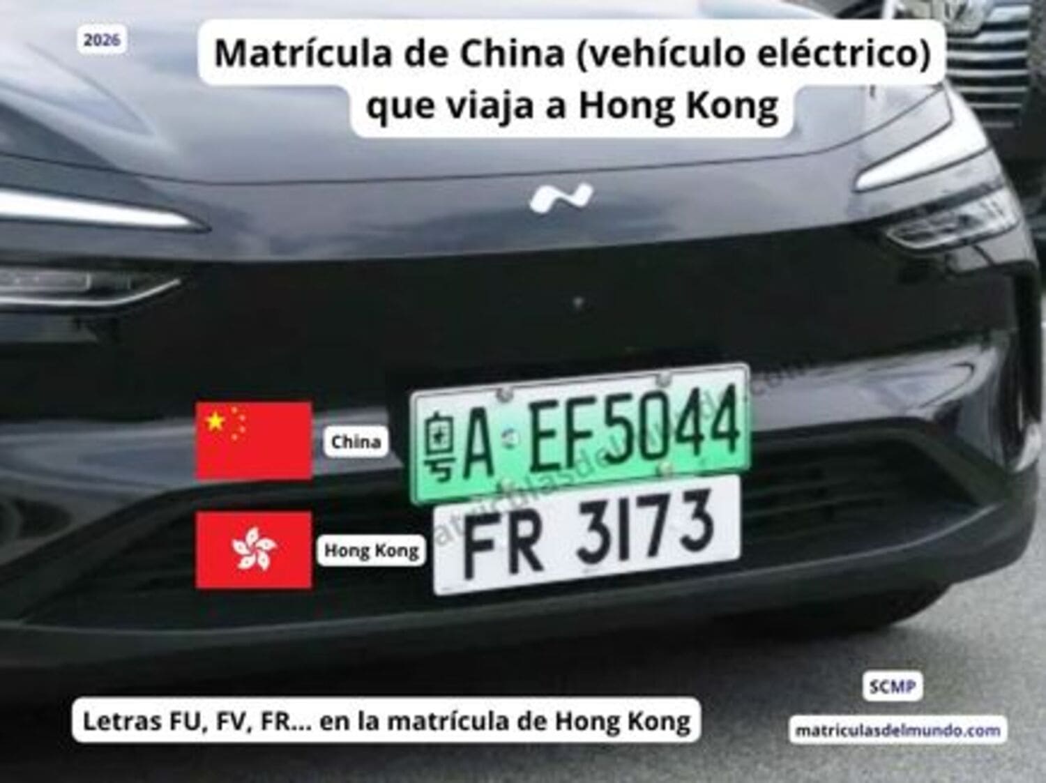 Tesla chino con matrícula eléctrica de China y matrícula FR de Hong Kong