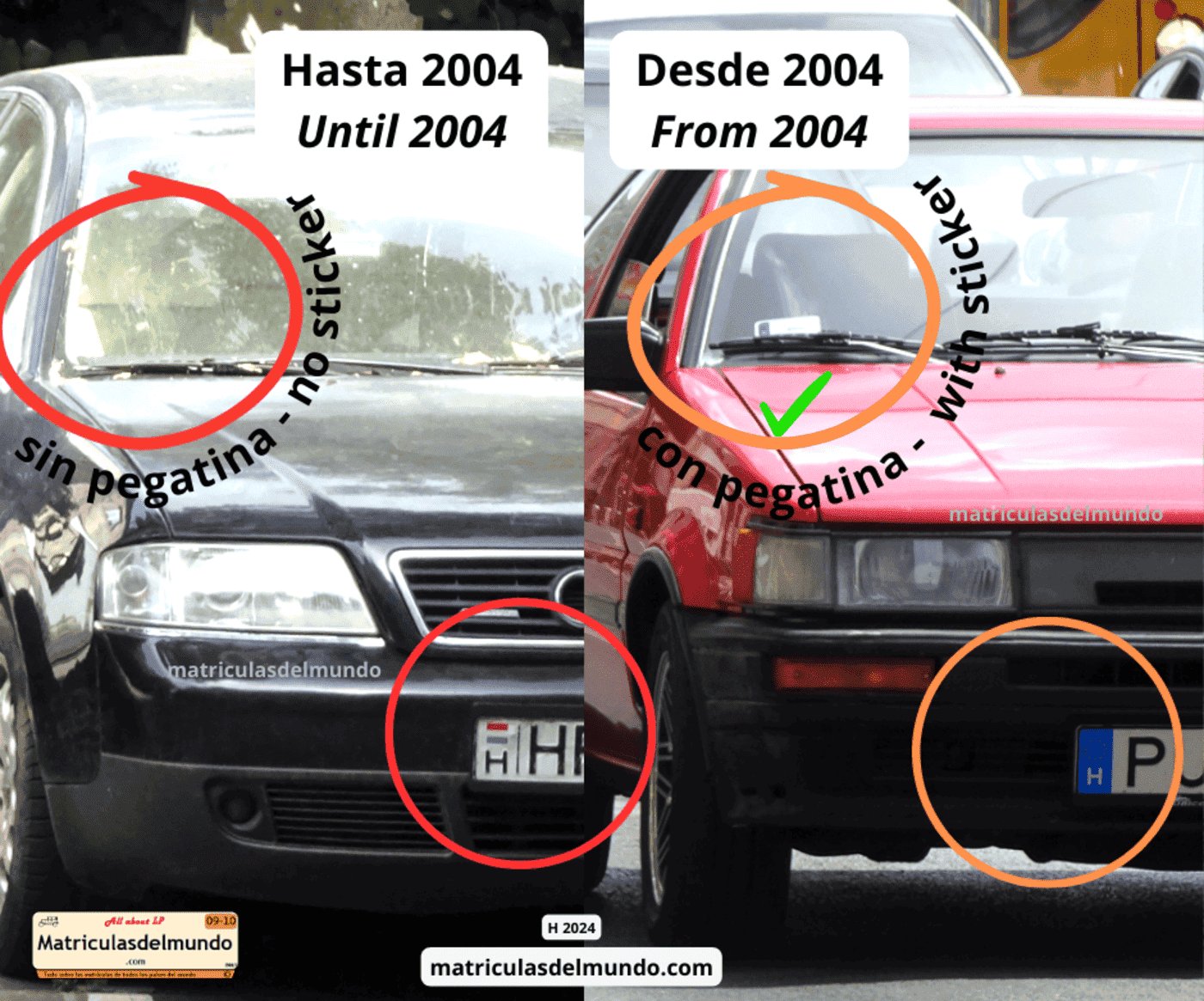 Dos coches con matrícula de Hungría uno con pegatina en cristal y otro sin ella