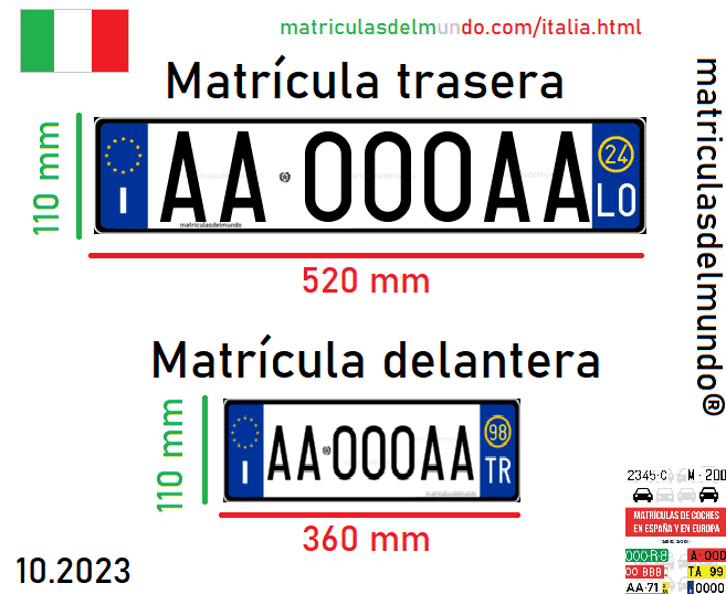 Tamaño oficial de las matrículas de coche de Italia actuales desde 1999
