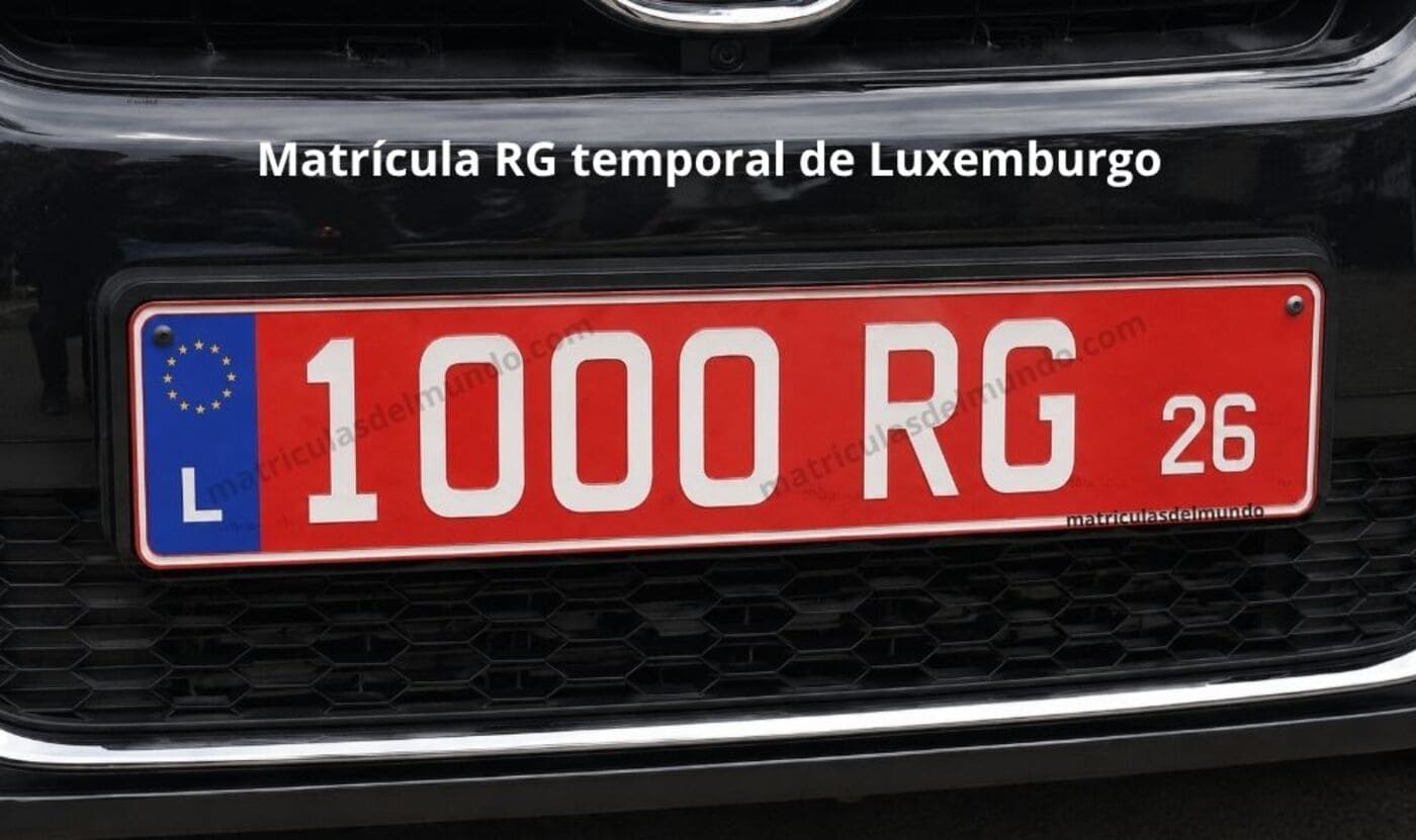 Ejemplo de matrícula temporal roja de Luxemburgo del nuevo sistema con código anual y diseño actualizado