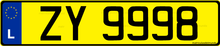 Ejemplo de matrícula de luxemburgo amarilla con letras zx9998