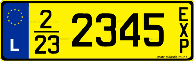 Matrícula de coche actual de exportación con letras EXP y números 2/23